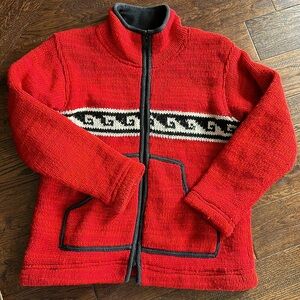 Red wool zip sweater jacket w/Black Waves, Woolmandu